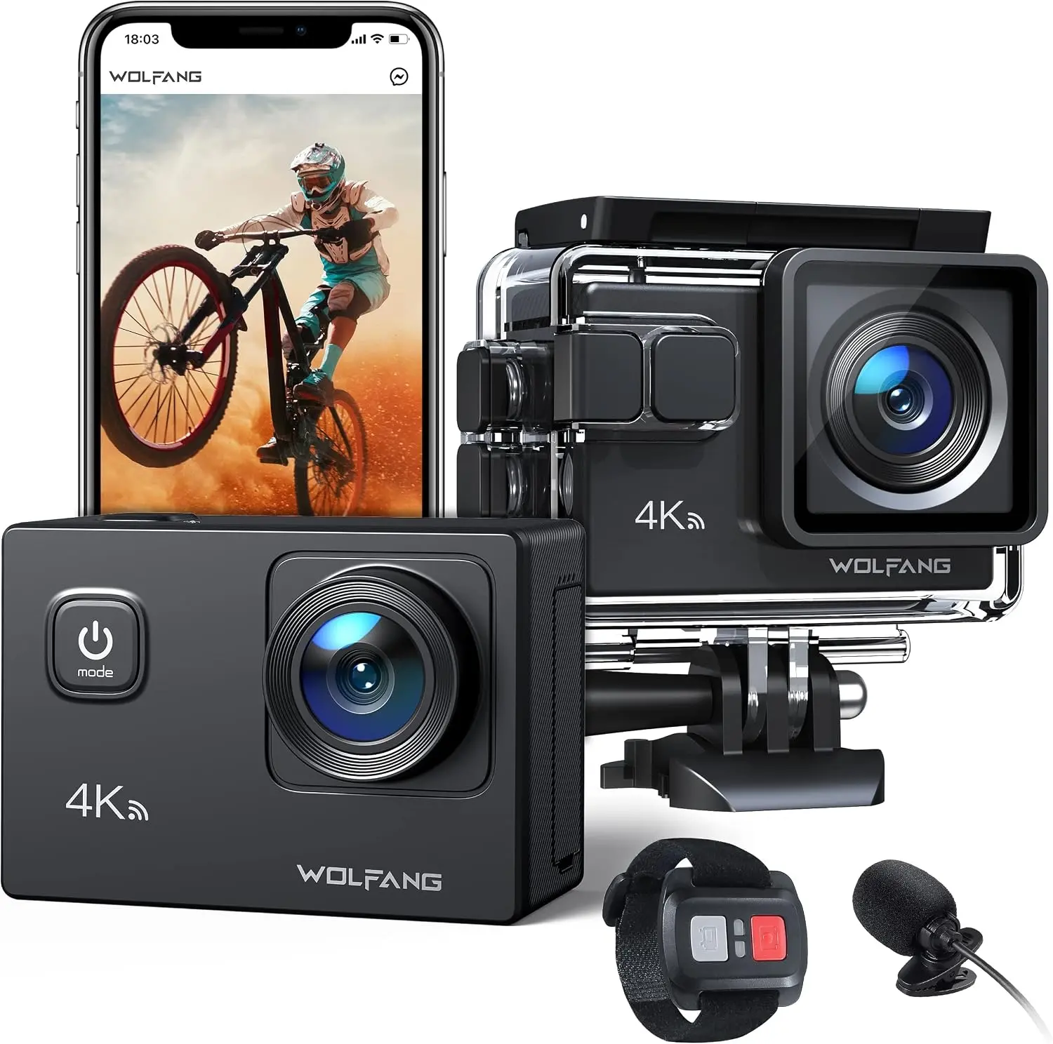WOLFANG Action Camera GA100 4K 30FPS 20MP Underwater Camera Waterproof 40M, WiFi Videocamera with Dual Mic, 170° Wide Angle, EIS Anti-shake, Various Accessories