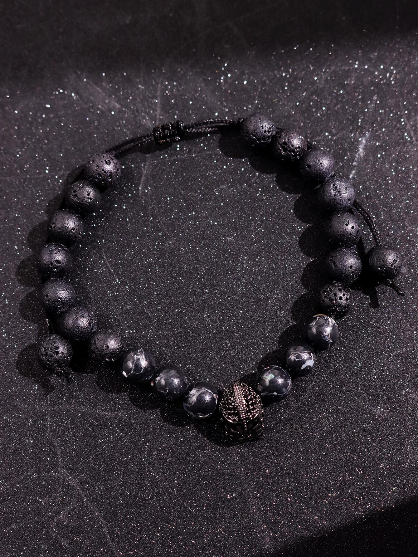 Pair of stylish, minimalist, luxurious, unique, cool, and refined bracelets featuring a Spartan helmet design and volcano stone beads for men—ideal for everyday wear, holidays, parties, and streetwear jewelry.