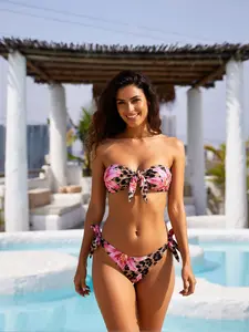 Tie-Detail Pink Leopard Print Bandeau Top + Side-Tie Sexy Low-Rise Tummy-Smoothing Triangle Bottom Bikini Set.Halter Bikini Set with Bow.bandeau swimsuit top.non tie bathing suit.minimal coverage bikini.women swimsuits for 2026. thong women's