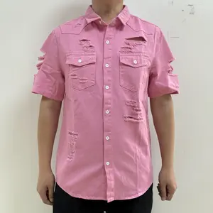 Bindefon Men's Ripped Short Sleeve Denim Shirt Button Front Dual Pocket All-Season Casual Outfit for Christmas & New Year