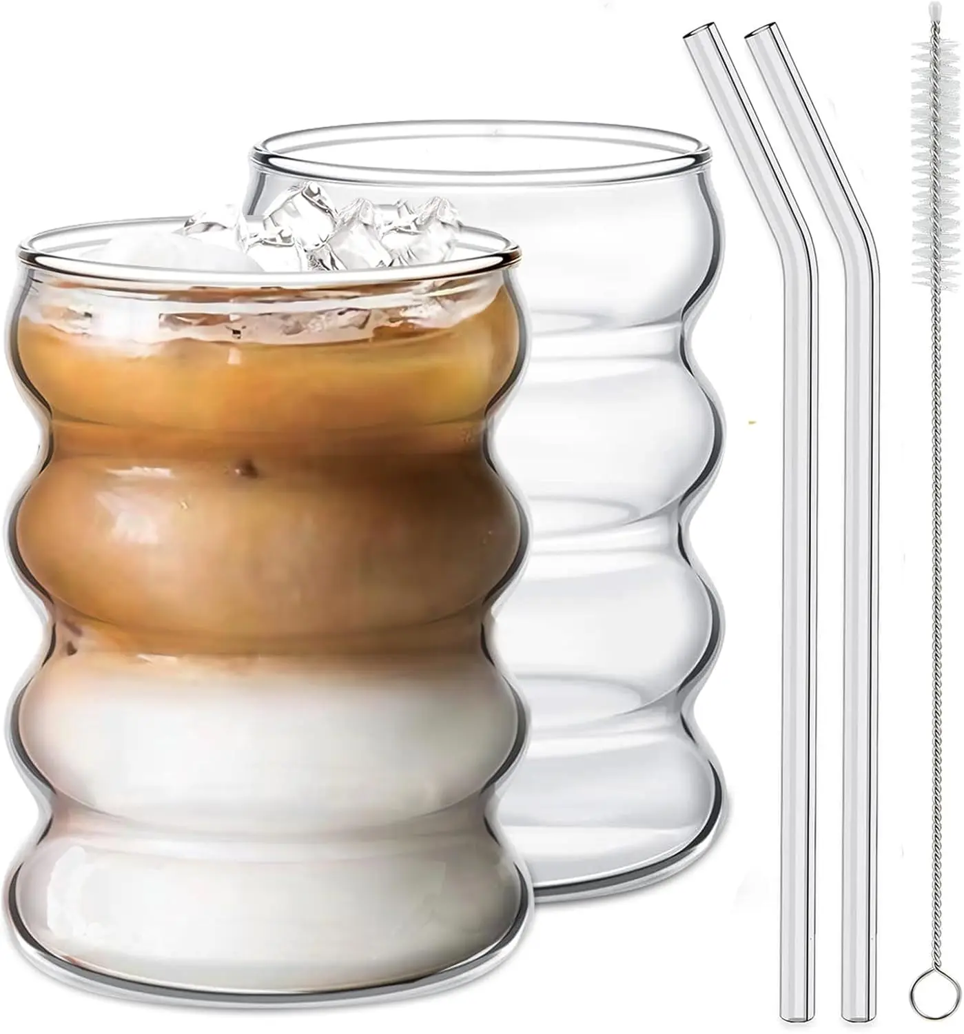 2 Pcs Drinking Glasses with Glass Straw 14oz Set - Ideal for Cocktail, Iced Coffee, Beer, Water, Soda, Tea - with Cleaning Brush - Drinkware