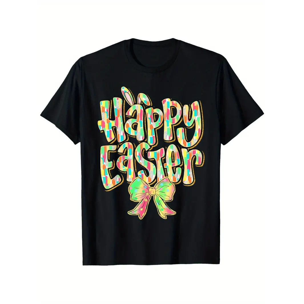 Womens Easter Graphic Tee Cotton Short Sleeve Crew Neck Cute Bunny Ear Happy Easter Shirt Spring Outfit Top For Family Photos Easter Party Church And Egg Hunt