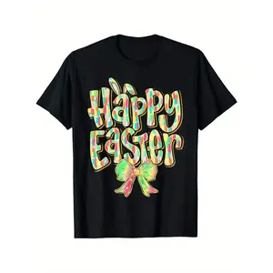 Womens Easter Graphic Tee Cotton Short Sleeve Crew Neck Cute Bunny Ear Happy Easter Shirt Spring Outfit Top For Family Photos Easter Party Church And Egg Hunt
