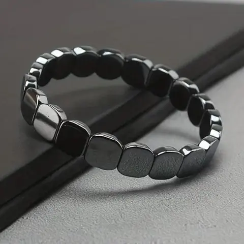 Male Natural Hematite Beads T Bracelet Band - 1-Size Stretch Rope Elastic Beads Bracelets & Bangles, T-Level Mental Clarity Support, Daily Wear Costume Jewelry, Birthday Gift