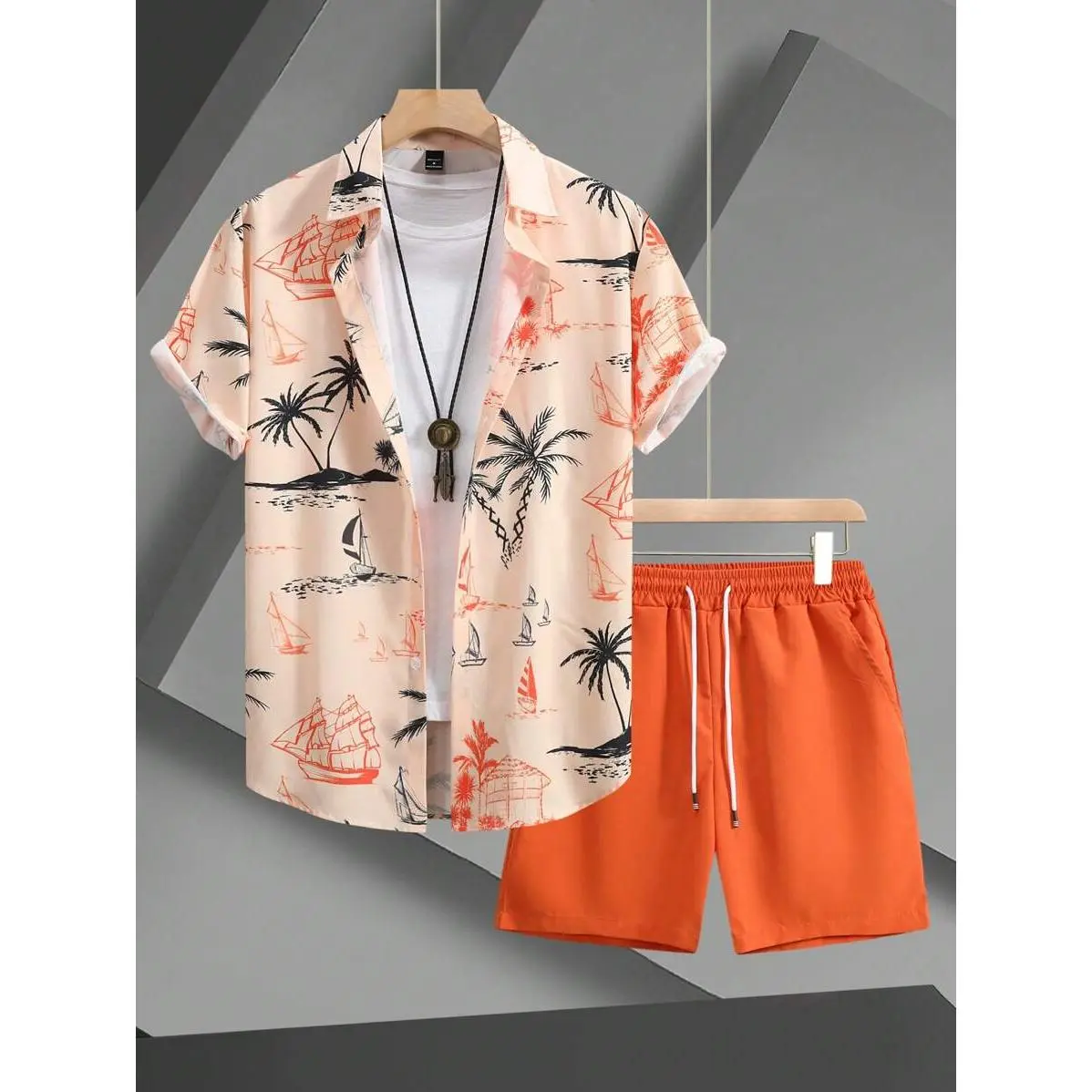 Men's orange vacation casual short-sleeve shirt and shorts set, perfect for a Hawaiian beach vacation or everyday wear.An excellent gift for a boyfriend or husband.Men's short-sleeve shirt and shorts summer set, stylish outfit, comfortable vacation wear