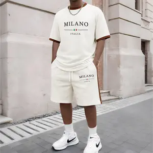 Men's Milan Letter Pattern Short-Sleeve T-Shirt and Drawstring Shorts Set, Men's Clothing, Casual Sportswear Short-Sleeve Top and Shorts, Summer Men's Everyday Wear, Indoor and Outdoor Sportswear, Sports Set