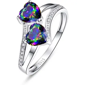 6x6mm Heart Shape Simulated Mystic Rainbow Topaz 925 Sterling Silver Double Heart Promise Ring for Women