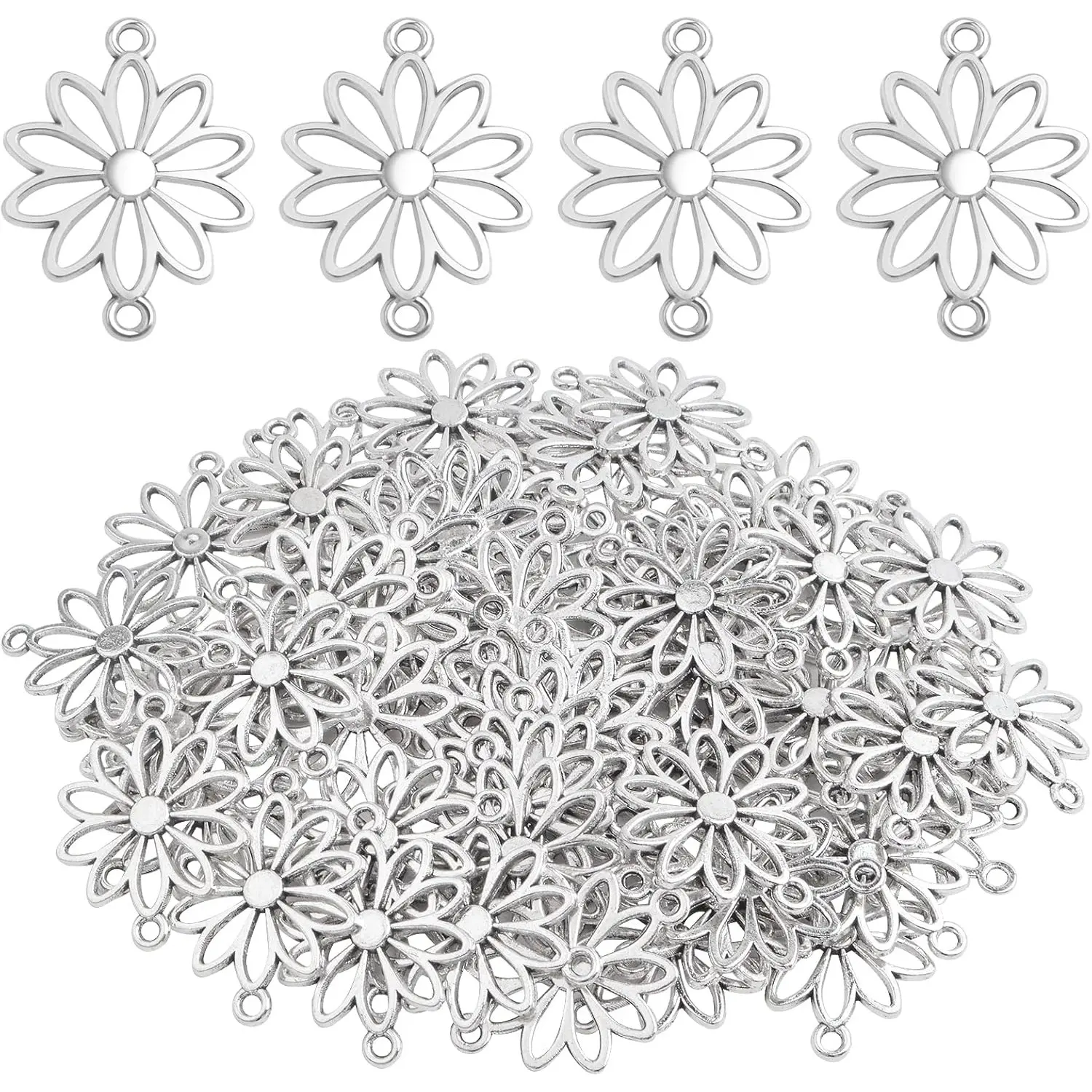 60pcs Flower Connector Charms Alloy Daisy Flower Pendants Double Hole Charms Link Connectors Craft Supplies for DIY Necklace Bracelet Jewelry Making Findings