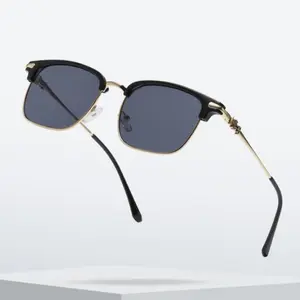 New Fashion Half Frame Sunglasses For Men And Women Retro Semi Rimless Round Glasses Outdoor Cycling Sunglasses with Gold Trim and Black Lenses