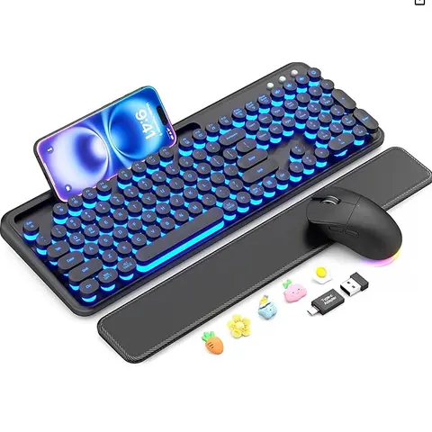 SABLUTE CK13Pro Classic Retro 2.4GHz Wireless Keyboard and Mouse Combo - Rechargeable Backlit Typewriter Keyboard with Color-Changing Keycaps, RGB Mouse, Built-in Lithium Ion Batteries, Magnetic Wrist Rest, Phone Holder, Chrome OS Office Tool