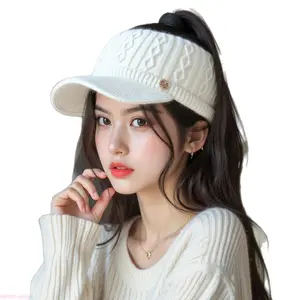 Autumn Winter Unisex Warm Knitted Ponytail Sunshade Hat, Thick Earcup Structured Sun Visor Baseball Hat with Adjustable Shoulder Straps for Daily Casual Outdoor Wear