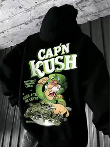 Men's Oversized Capn Kush Graphic Hoodie - Retro 90s Cartoon Weed Print Pullover, Heavyweight Fleece Lined Streetwear Hoodie for Hip Hop & Skate, 420 Cannabis Themed Vintage Sweatshirt, Stoner Gifts for Men, Thick Fabric Black Hoodie with Bold Green Print