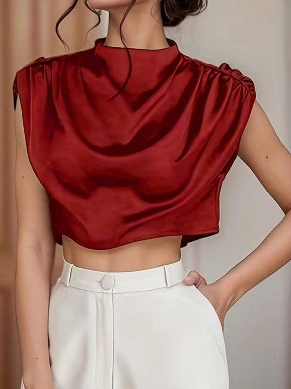 Women's Plain Satin Crop Blouse, Casual Mock Neck Top for Summer, Women's Clothing for Daily Wear