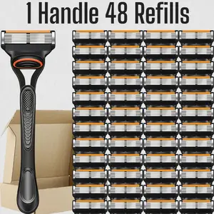 Men's Shaving Razor Set, 1 Handle & 12/24/36/48 Refills, 6-Layer Blade Technology, Nano-Cut Precision, Stainless Steel, Waterproof Packaging
