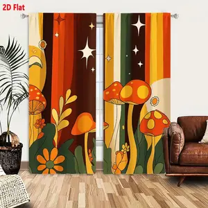 2D Flat 2 Piece Retro 70s Groovy Curtain Set, Vibrant Orange Brown Yellow Green Vertical Striped Background with Stars, Whimsical Mushroom & Floral Pattern for Playful Home Decor