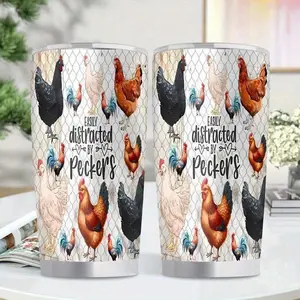1pc Farmhouse Chicken Design Insulated Stainless Steel Cup - Leakproof Travel Mug with Chicken Patterns (Brown), BPA-Free Thermal Tumbler for Hot/Cold Drinks, Camping, Gym, Office - Gift for Poultry Lovers, Birthday, Christmas