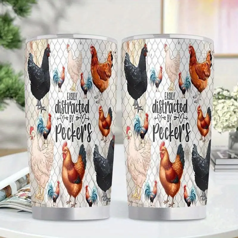 1pc Classic Cylindrical Farmhouse Chicken Print Vacuum Insulated Flask - Leakproof BPA-Free Stainless Steel Tumbler, Hot/Cold Drinkware for Camping, Office - Gift Ideas for Poultry Lovers, Birthday, Flasks, Vacuum Insulated Cup