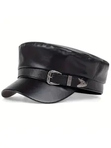 Fashion Women Large Belt Buckle Leather Hat Spring Autumn Sailor Hats Black Ladies Beret Caps Men Flat Top Captain Military Caps