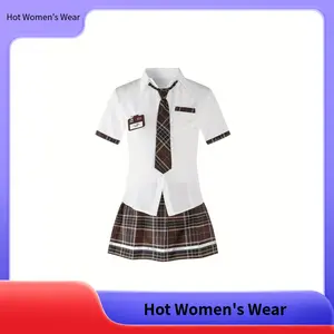 Women's Preppy Gingham 2-Piece Woven Polyester Costumes - High-Waist JK Academy Style Tie Short Shirt & Pleated Skirt Set for Role-Playing