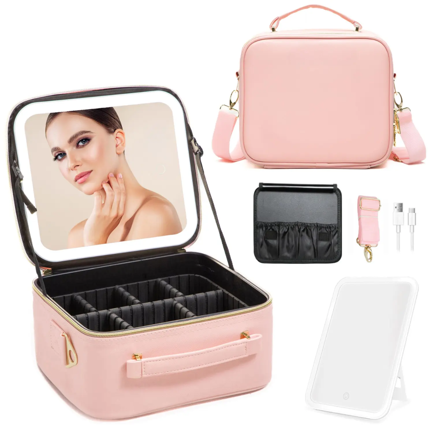 LED Mirror Makeup Bag with Zip, Waterproof Vanity Purse, Adjustable Shoulder Strap, Travel Cosmetic Bag Organizer, Toiletry & Makeup Brushes Storage Case
