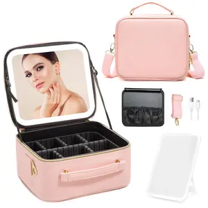 LED Mirror Travel Cosmetic Bag with Zipper, Waterproof Luggage Organizer, Adjustable Shoulder Strap for Toiletry and Makeup Brush Storage