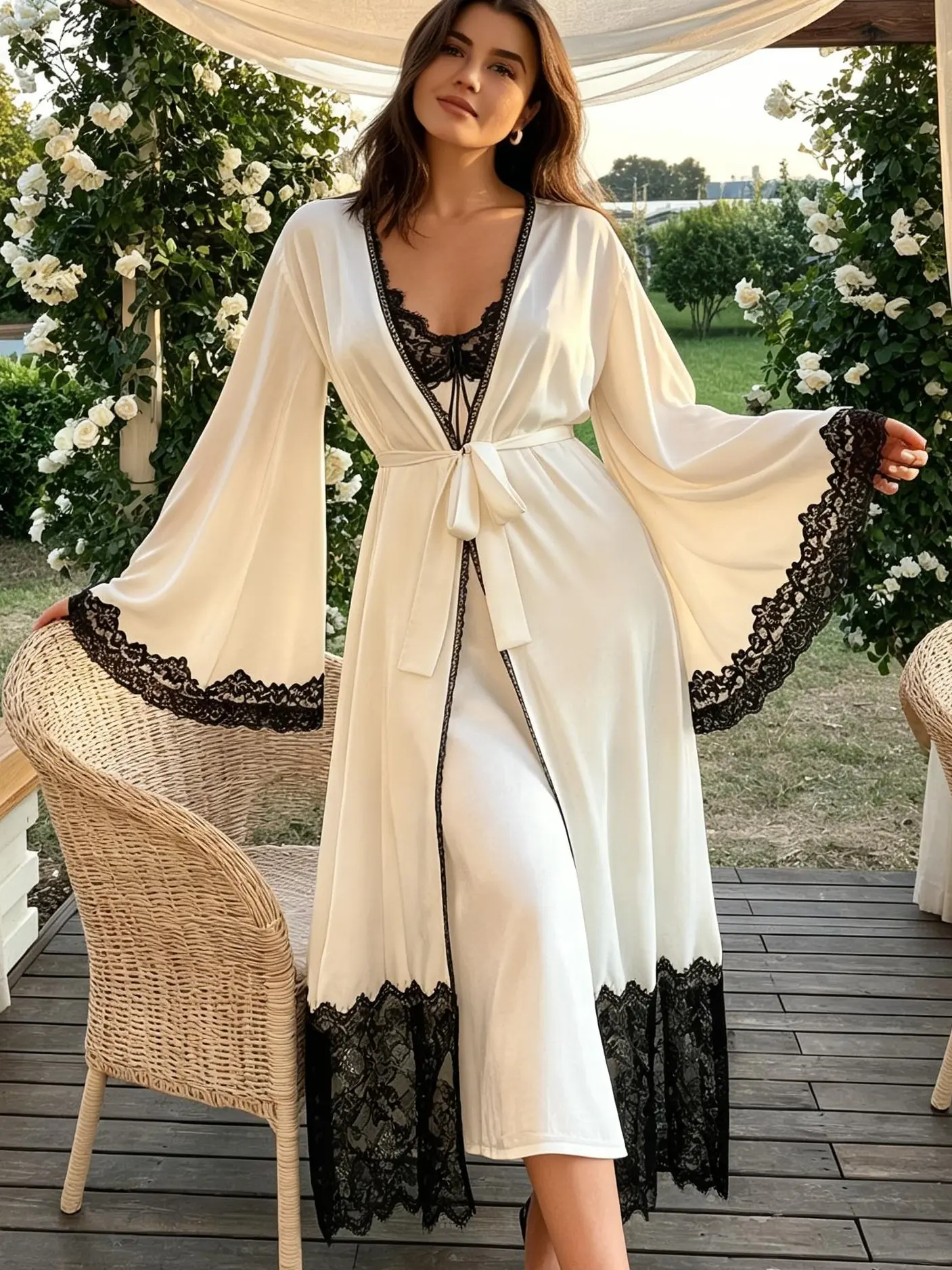Women's Luxury White Satin 2-Piece Pajama Set - Fitted Spaghetti Strap Night Dress with Vintage Black Lace Trim, Long Kimono Robe for Mature Women, Romance-Infused All-Seasons Garden Lounging Sleepwear