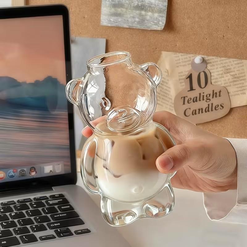 Bear Cup Coffee Glass Set (1 Bear Cup + 1 Straw), Creative Cartoon Glass Water Bottle, Juice Cup with Straw, Stylish and Practical