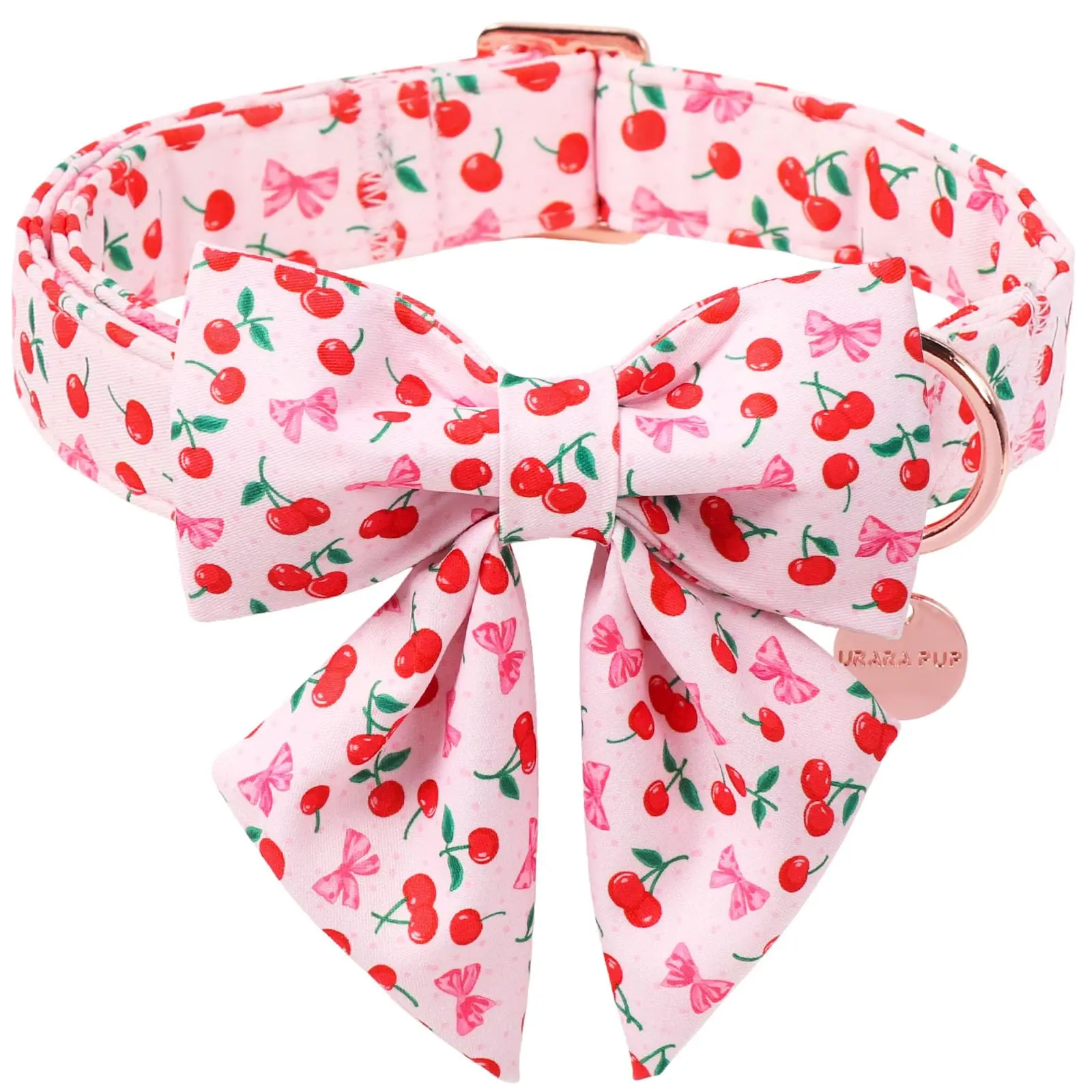 Dog Basic Collar - Spring-Summer Breathable Cotton Collar with Adjustable Fit, Cherry Prints Bow-Tie, Comfortable Wear, Secure Fastening for Boy & Girl Dogs (Spring Pink), Universal Size