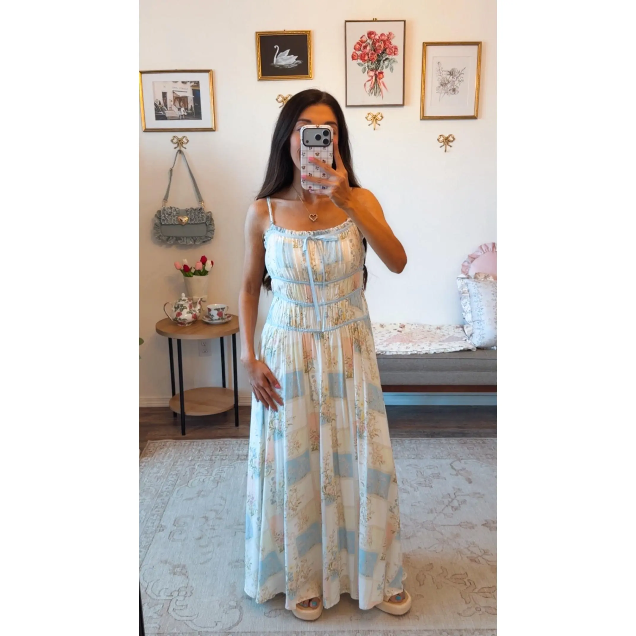 Women's Enchanted Meadow Casual Maxi Dress, Adjustable Cotton Fabric, Smocked