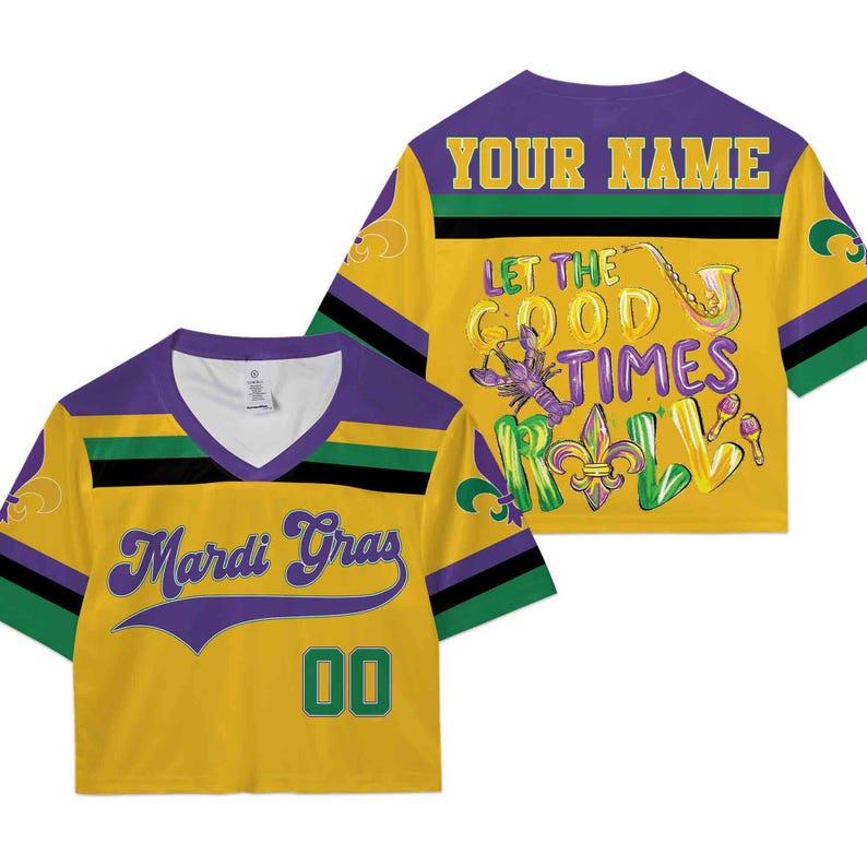 Personalized Mardi Gras Crop Top Football Jersey, Custom Name Mardi Gras Football Jersey, Jersey Uniform For Football Fans Mardi Gras Outfit
