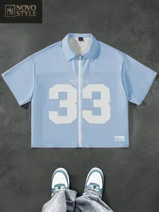 Novo Style  Men's Short Sleeve Mesh Insert Digital Print Zip Front Shirt , Men Cropped Shirt , Shirts Streetwear