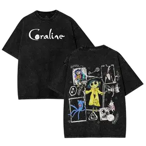 Coraline Goth V3 Washed Tee Retro Vintage Acid Wash Horror Movie Graphic Shirt featuring Scary Back Print, essential Casual Streetwear Merch for Fans