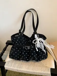 French fashion pearl bow tote bag for women, sweet polka dot pleated minimalist shoulder/crossbody handbag Bow Shoulder Bags