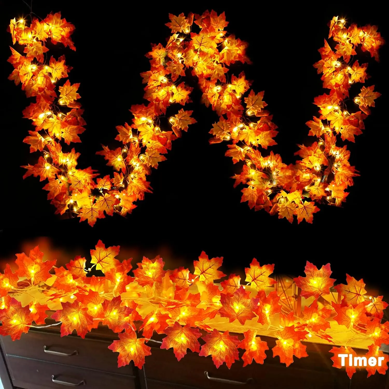 Timer - 2 Pack Fall Garland with Lights Fall Decorations for Home, Lighted Maples Leaves Garland Total 20Ft 40LED Fall Lights Battery Operated Halloween Thanksgiving Decor Indoor Outdoor Christmas
