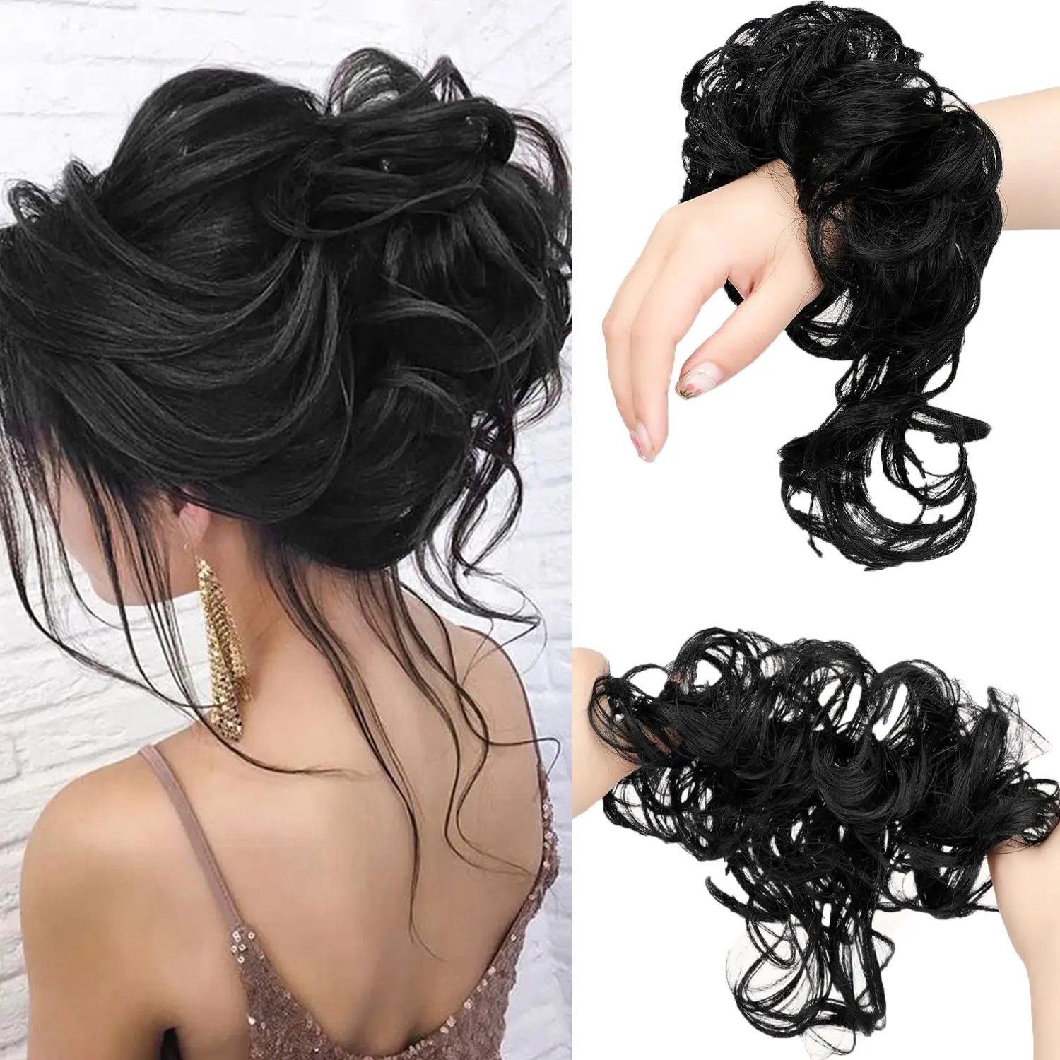 Large Messy Bun Hair Piece Wavy Tousled Updo Hair Buns Extension Elastic Band Hair Pieces Curly Hair Bun Scrunchie for Women Curly Chignon Ponytail Hairpiece Daily Wear