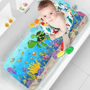 Baby Bath Mat for Tub for Kids, 40 X 16 Inch Extra Long Kids Bathtub Mat Non Slip, Cartoon Patterned Bath Tub Shower Mat Anti Slip with Suction Cups & Drain Holes, Machine Washable, Sea Turtle