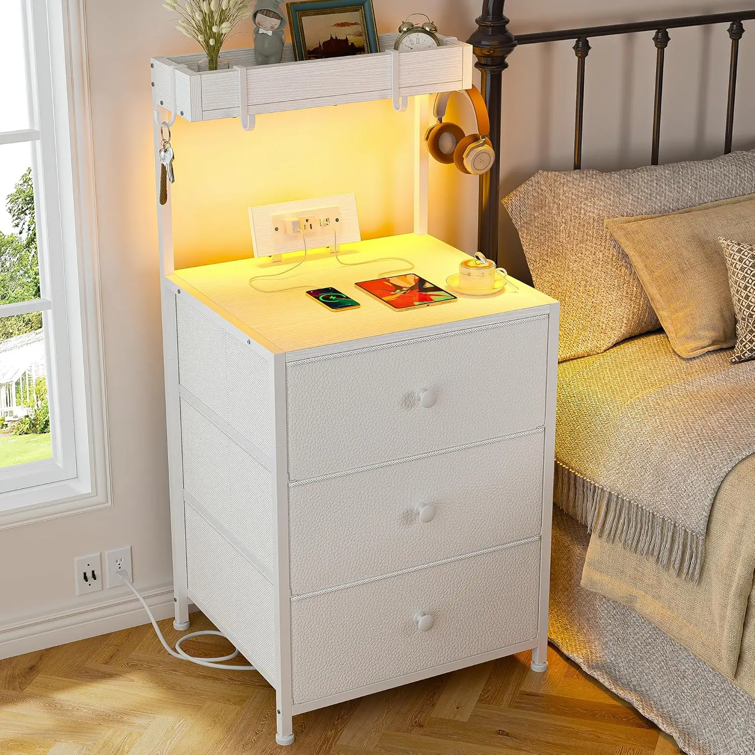 Raybee Tall Nightstand with Charging Station and Led Lights Nightstand with 3 Drawers and Shelves Bedside Table with USB Ports and Outlets, End Table