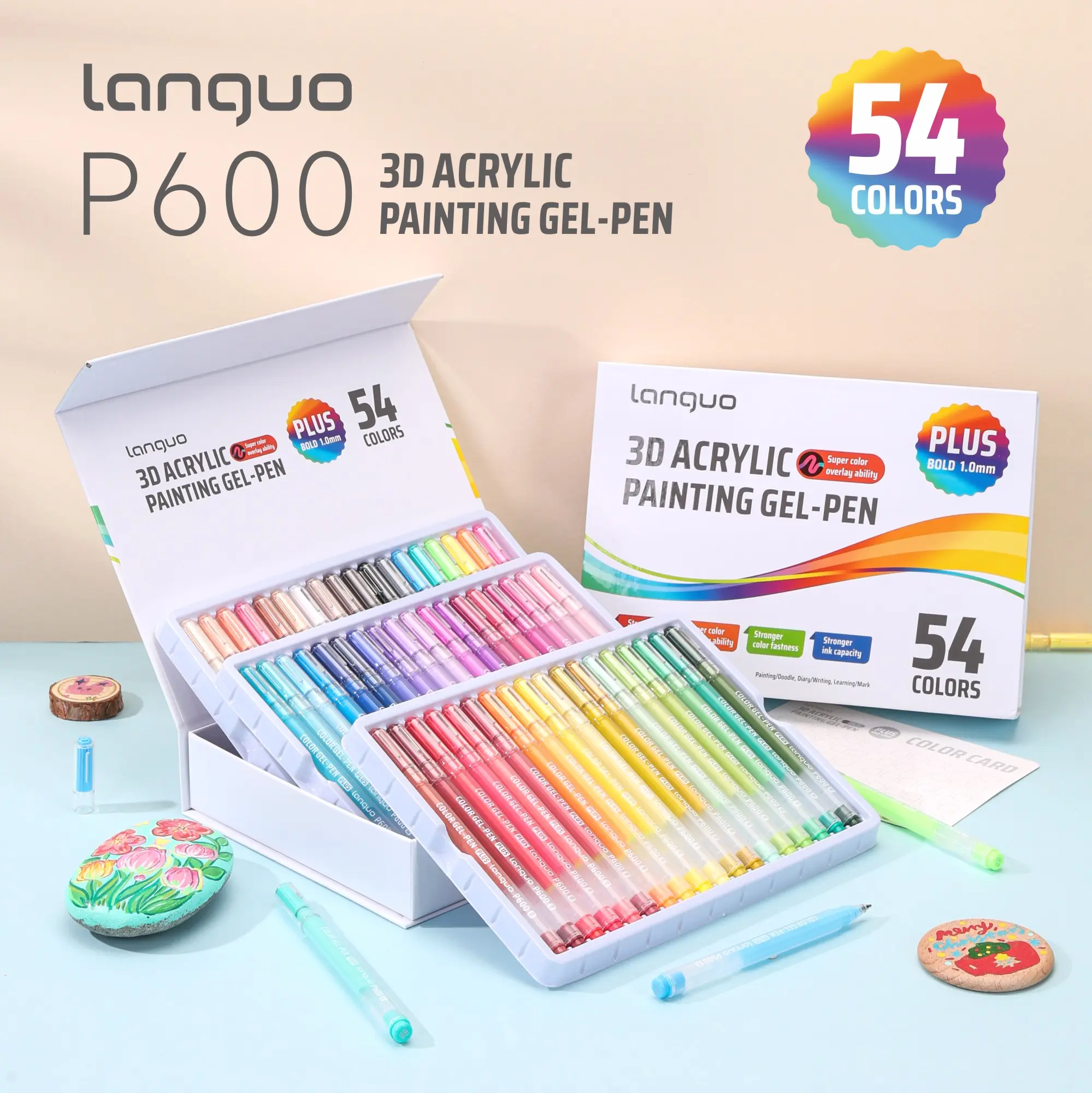 Languo Pro 54-Color Acrylic Markers with Ergonomic TPR Soft Sheath, 0.7mm Soft Built-In Spring Tip, Leak-Proof Ink, No-Bleed Ghosting Resistance, Buttery-Smooth Writing, Craft Carry Bag for DIY Crafts, Sketchbook Ideas (Office Stationery for Teens)