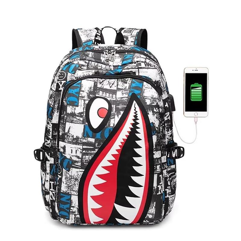 Laptop Backpack Shark Travel Bag, Street Fashion Business Hiking Waterproof Bag with USB Port 17" - Camo Shark