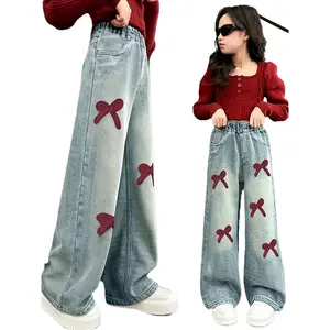 Girls’ Spring/Fall Stretchy Jeans |       Polyester-Spandex Blend + Bow Embroidery |       Straight-Leg/Wide-Leg (Elastic Waist)