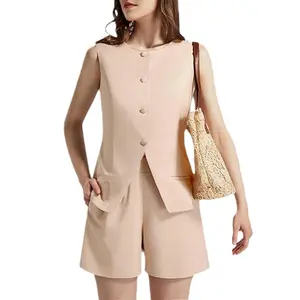 Women's Solid Textured Bow Back V Neck Blazer Vest Top & High Waist Bow Front Shorts Two-Piece Set, Casual Sleeveless Button Front Top & Bow Shorts For Summer Ladies Clothes For Daily Wear