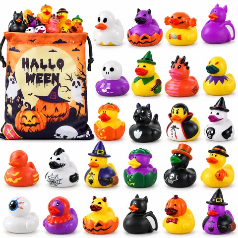 24 Pack Halloween Rubber Ducks for Trick or Treat & Jeep Ducking – Spooky Goodie Bag Stuffers with Halloween Bag, Bulk Bath Toys for Kids Ages 3+, Trunk or Treat, Halloween Party Favors, Classroom Rewards & Carnival Prizes