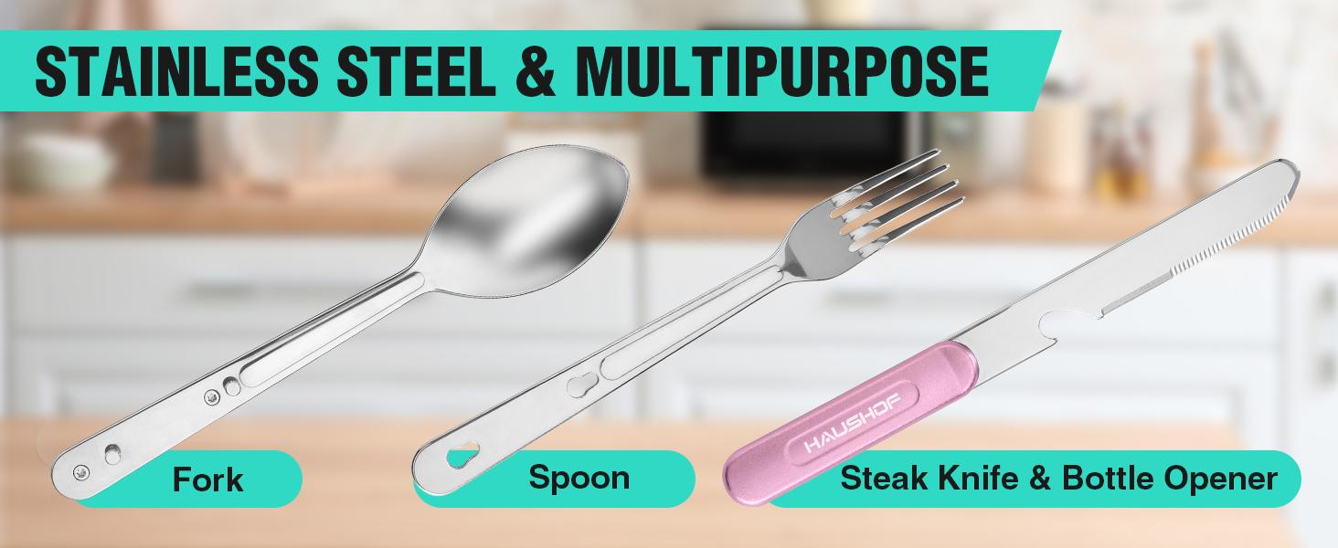#backtoschool HAUSHOF 2-Pack 4-in-1 Camping Utensils, Stainless Steel Camping Eating Utensils with Carrying Bag, Detachable Spoon, Fork, Knife, Bottle Opener - Travel Utensil Set for Hiking, Picnic, Barbecue #backtoschool HAUSHOF 2-Pack 4-in-1 Camping Utensils, Stainless Steel Camping Eating Utensils with Carrying Bag, Detachable Spoon, Fork, Knife, Bottle Opener - Travel Utensil Set for Hiking, Picnic, Barbecue