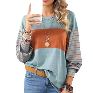 Womens Colorblock Hot Shot T-shirt Long Sleeve Round Neck Pullover Tops Striped Basice T-shirt Womenswear Tshirt