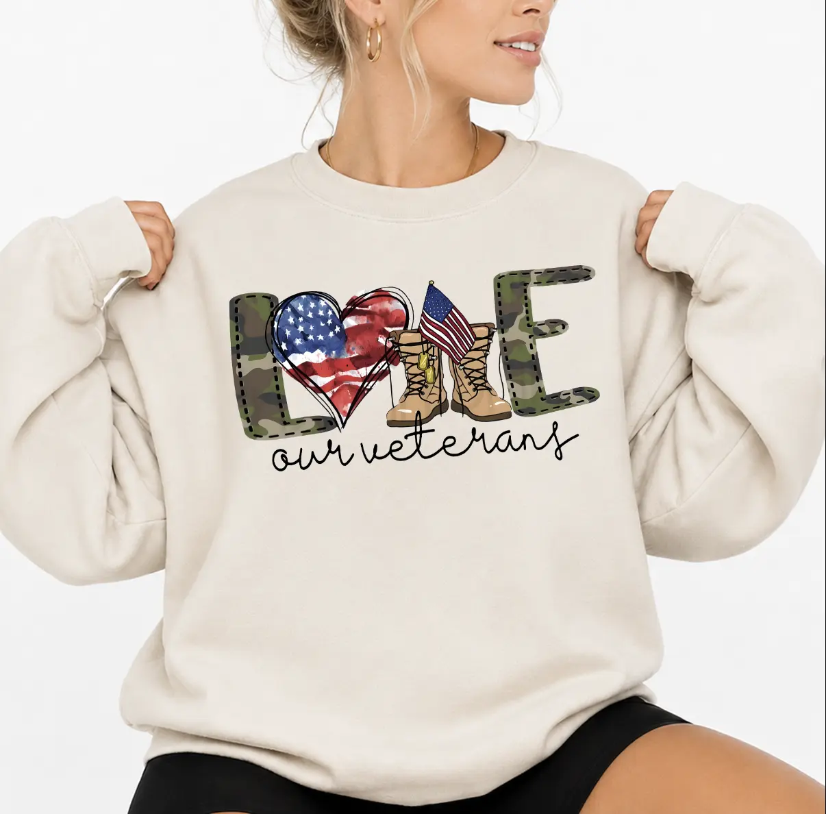 LOVE Our Veterans Digital Print Women's Pullover Sweatshirt, Soft Cotton Blend Long-sleeve Topwear, Veteran Wife Gifts, Veteran Day Shirt