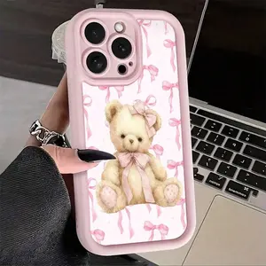 Pink Bow Teddy Bear Pattern- Aesthetic Phone Case For IPhone[X/Xs/11/12/13/14/15/16 Pro/16/17 Pro Max] Galaxy Phone Cases-Ultra-Soft Girly TPU Cover, Anti-Scratch Protective Design, Perfect Gift For Valentine's Day, Christmas, Sister Or Girlfriend