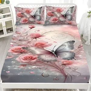 Bed sheet set - 3-piece set with 2D flat printing, butterfly and rose pattern mattress protector, available in ten sizes (1 * fitted sheet + 2 * pillowcases, no filling included). Soft and comfortable bed linen, suitable for home bedrooms and guest rooms.
