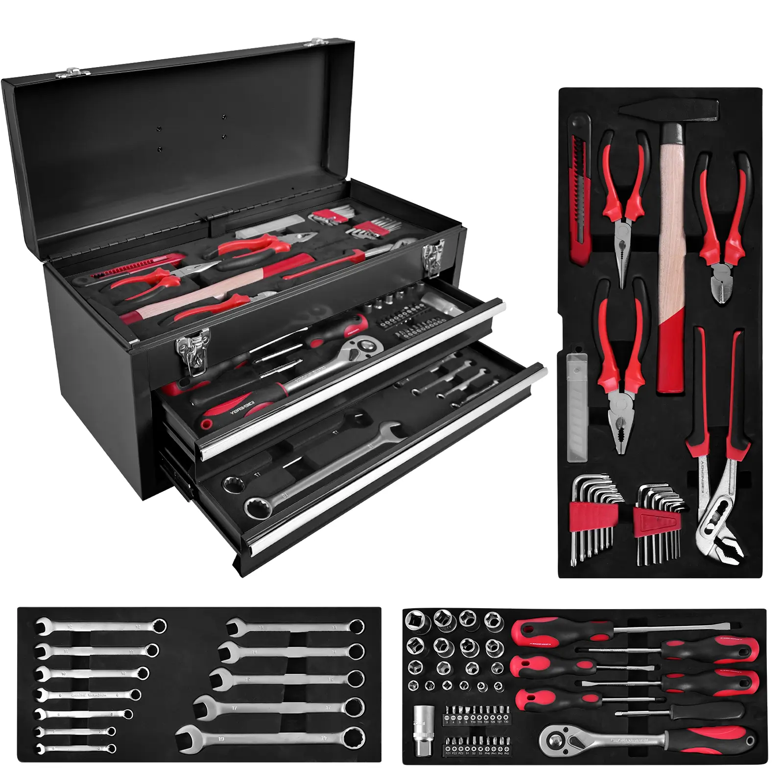 Portable Tool Box with Key Lock, 166 Piece Mechanics Tool Set, 2 Drawers & Top Storage Tray Toolbox with Metal Latches & Carrying Handle for Warehouse,Repair Shop,Garage,Home (BLACK)