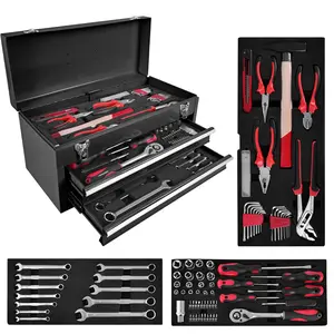 Portable Tool Box with Key Lock, 166 Piece Mechanics Tool Set, 2 Drawers & Top Storage Tray Toolbox with Metal Latches & Carrying Handle for Warehouse,Repair Shop,Garage,Home (BLACK)