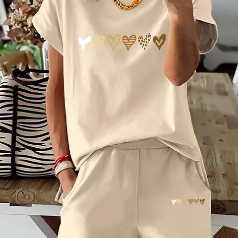 Two-Piece Set Matching Women's Heart Print Tee & Shorts Outfit, Clothing Sets, Casual Fitted Short Sleeve Crewneck T-shirt & Skinny Shorts, Ladies Summer Clothes for Daily Wear Top